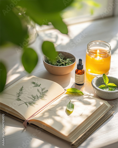 Naturopathic Medicine Workspace Displaying Herbs, a Journal, and Natural Remedies in Warm Light
