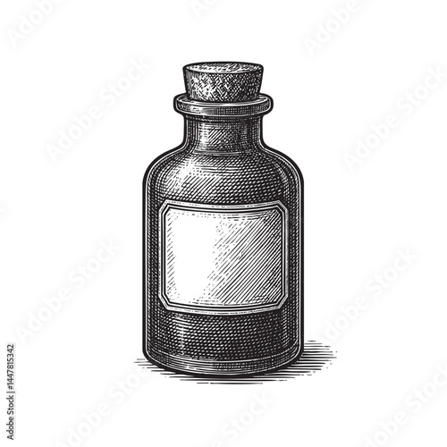 old apothecary bottle with cork woodcut engraving vector illustration