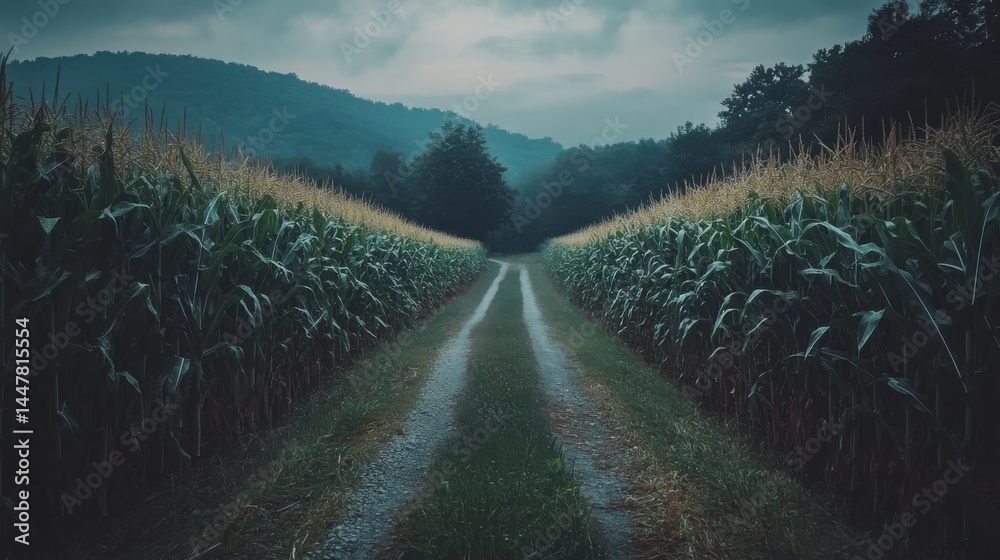 Obraz premium Dirt path through cornfield on a cloudy day
