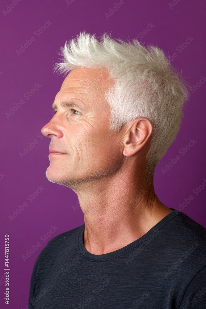 Concept art of style for aging men. A glowing and peaceful man expressing warmth. Purple solid background. Elegant men's colored edgy haircut - midlife white man with white hair.