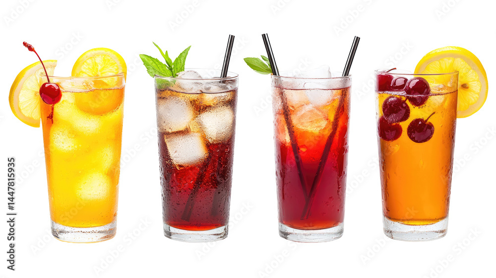 Sparkling Water, Lemonade, Iced Tea, Cherry Soda, and Cola – Beverage Set on White Background
Sparkling Water, Lemonade, Iced Tea, Cherry Soda, and Cola – Beverage Set on White Background