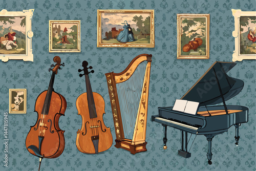 Create a vector seamless pattern featuring various classical musical instruments like violins, cellos, flutes, and trumpets, intricately detailed in a vintage style.