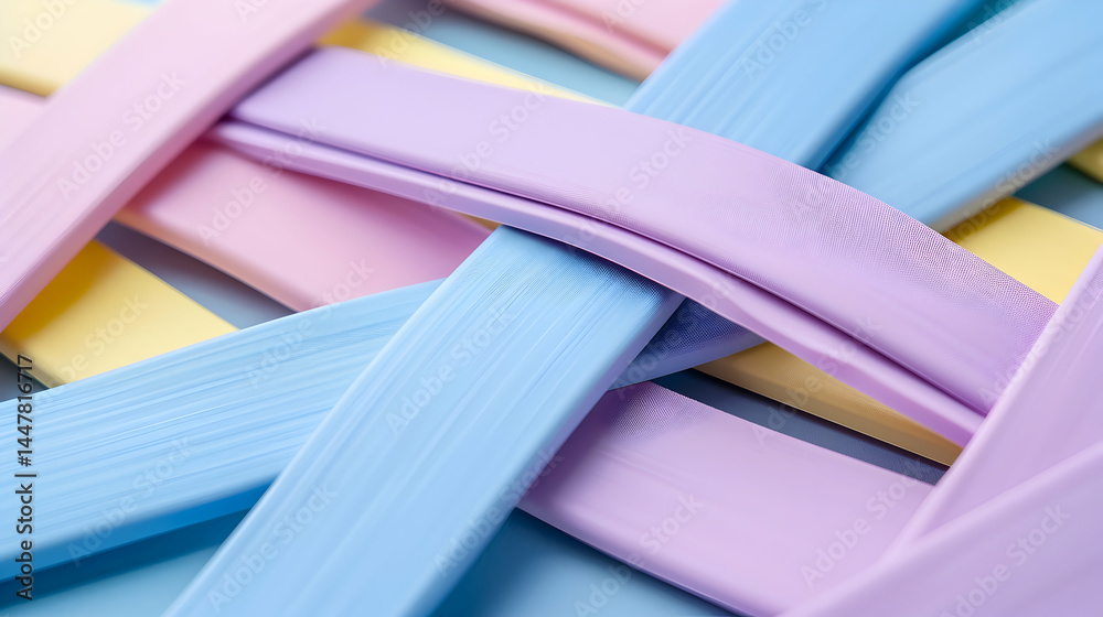 A colorful arrangement of textured ribbons in pastel shades woven together.