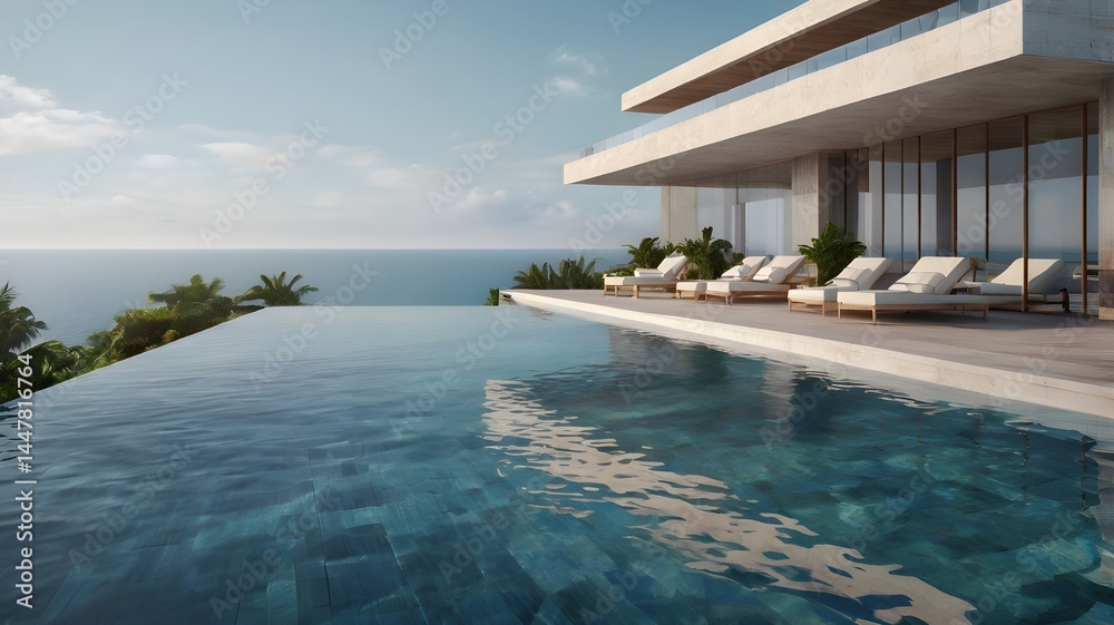 Fototapeta premium Perspective of modern luxury building with terrace and swimming infinity pool on sea view background,Idea of family vacation. 3D rendering,Generative Ai 