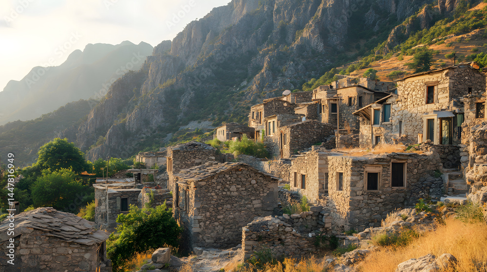 Obraz premium Stone Village in Mountain: A serene view captures an ancient stone village nestled into the embracing arms of a majestic mountain range, evoking a sense of history and tranquility.
