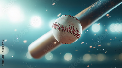 Baseball bat striking white baseball, generating powerful contact amid stadium lights, sending dust particles scattering across playing field