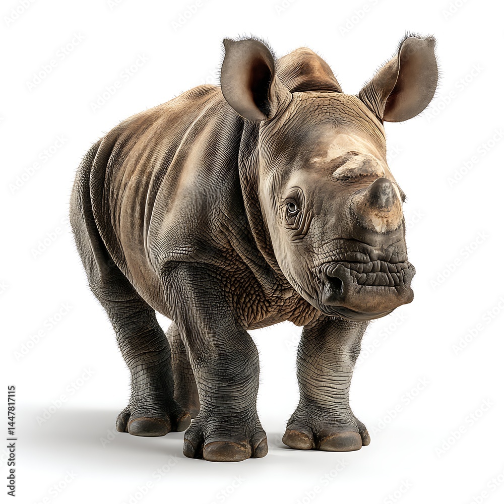 Naklejka premium The Curious Rhino: A detailed shot captures a curious rhinoceros. With textured hide and alert expression, the image shows the wild creature, showcasing the unique charm of wildlife.