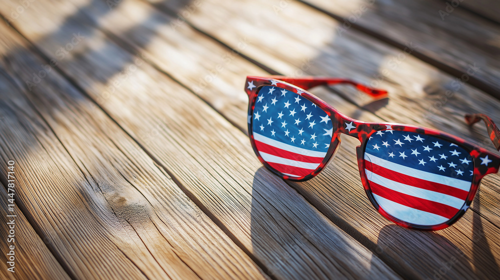 Obraz premium Patriotic sunglasses resting on weathered wood, reflecting american flag stars and stripes against rustic background