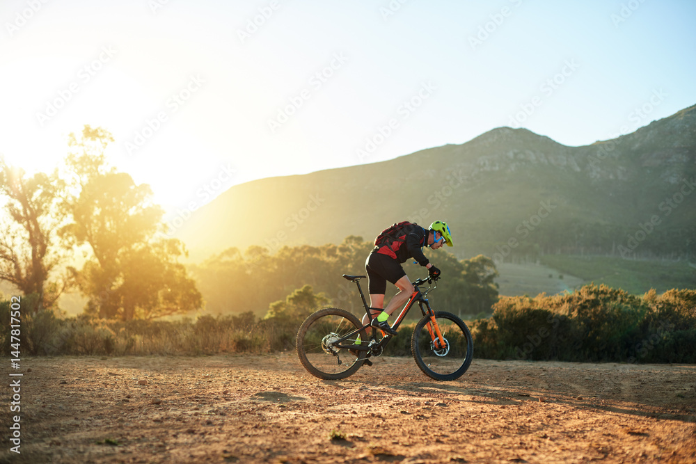 Cycling, off road and speed with man in mountains for outdoor exercise, fitness or hobby. Cyclist, scenic and trail with person riding bike in nature for challenge, performance or sports training Cycling, off road and speed with man in mountains for outdoor exercise, fitness or hobby. Cyclist, scenic and trail with person riding bike in nature for challenge, performance or sports training
