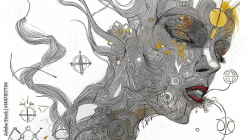 Geometric shapes and lines.  Woman.