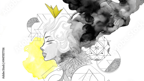 Geometric shapes and lines.  Woman.