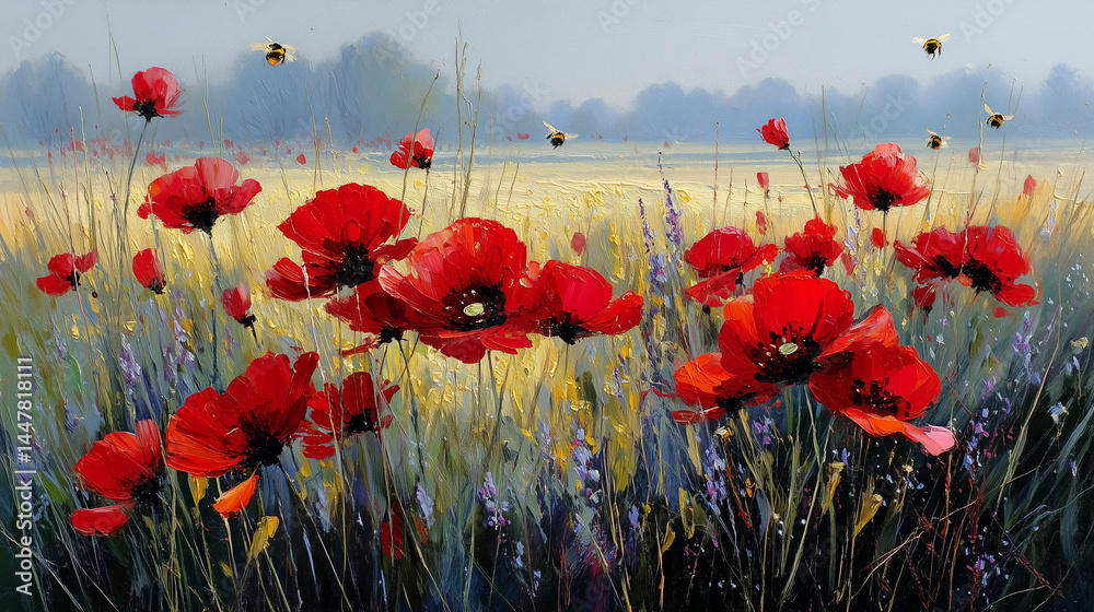 Obraz premium a painting of red flowers in a field of grass and daisies with a blue sky in the background