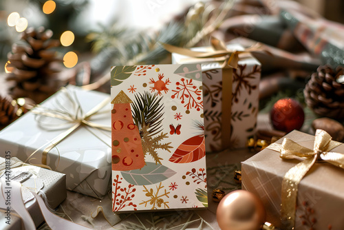 A festive scene featuring holiday gifts and a decorative card amidst pine cones.