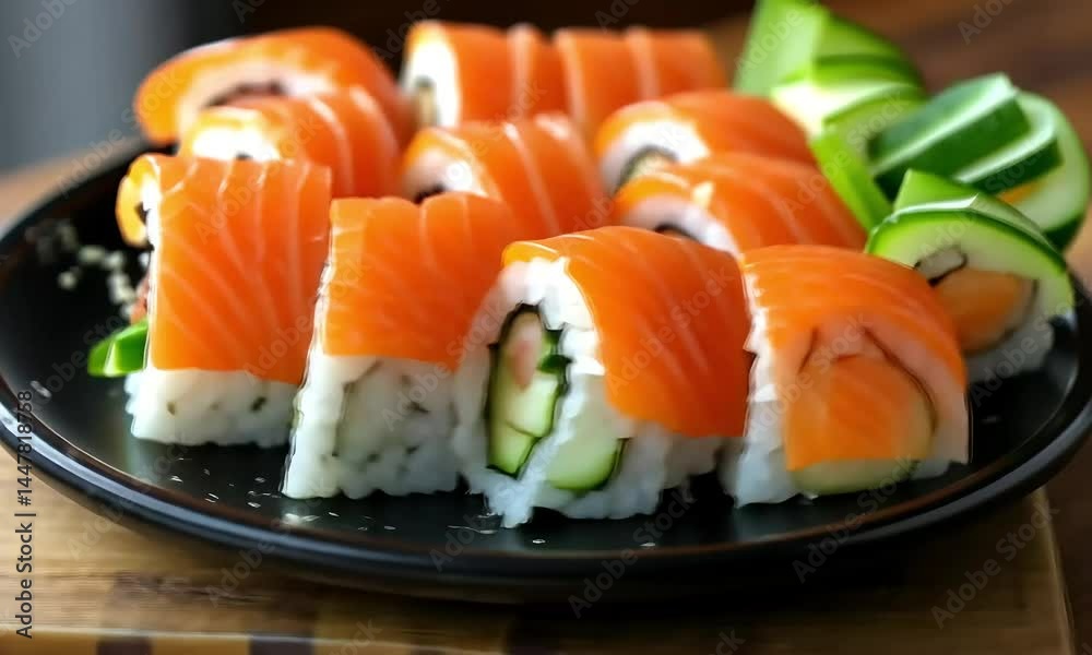 Assorted salmon sushi rolls on plate Assorted salmon sushi rolls on plate