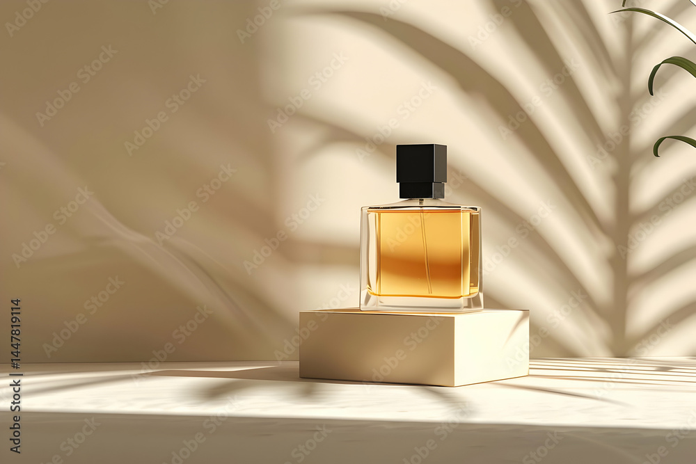 A stylish perfume bottle on a minimalist surface, surrounded by soft shadows.
