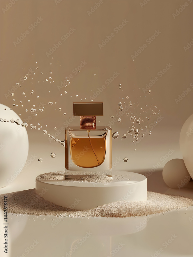 A stylish perfume bottle surrounded by decorative elements and splashes of water.