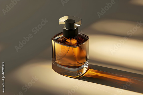 A stylish perfume bottle with an amber liquid, casting soft shadows.