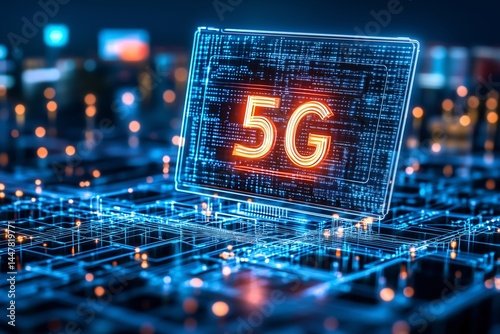 5G-Technologie: Digitale Vernetzung und Hochgeschwindigkeitsdaten, Ein 5G-Symbol ist prominent in der Mitte eines digitalen Netzwerks platziert