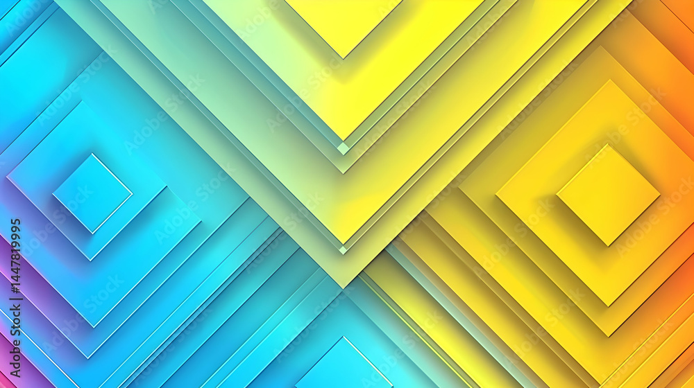 A vibrant geometric pattern featuring layered diamonds in blue and yellow hues.