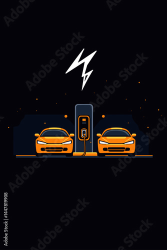 Two orange electric cars charging at night in a sleek style.