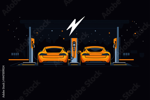 Two orange electric cars charging at night in a sleek style.