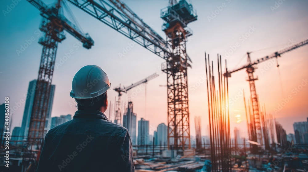A construction worker observes cranes and skyscrapers at a building site during sunset in an urban cityscape. A construction worker observes cranes and skyscrapers at a building site during sunset in an urban cityscape.
