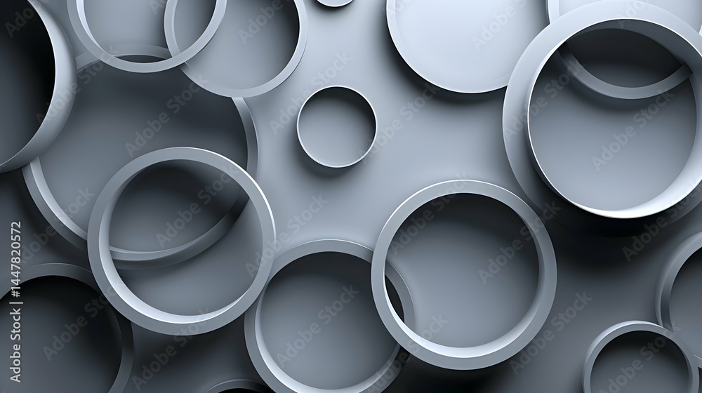Abstract composition of overlapping circular shapes in shades of gray.