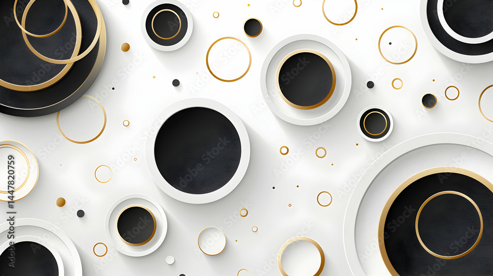 Abstract design featuring circular shapes in black, white, and gold on a light background.