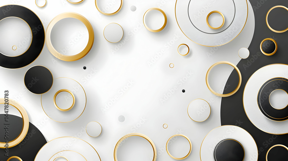 Abstract design featuring overlapping circles in black, white, and gold tones.