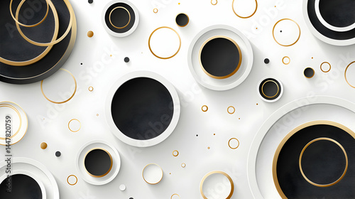 Obraz na płótnie Abstract design featuring circular shapes in black, white, and gold on a light background. w salonie