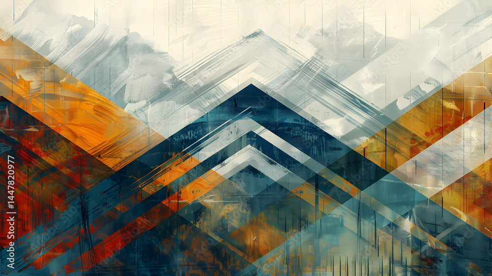 Abstract geometric design featuring layered colors and shapes.