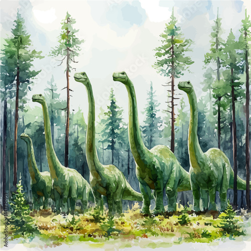 illustration of Herd Of Brachiosaurus Feeding On Tall Trees, watercolor vector, isolated on a white background.
