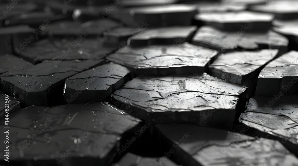 Close-up of cracked, dark surface resembling dried mud or stone.