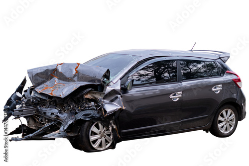 Car crash, Front and Side view of black sedan car get damaged by accident on the road. damaged cars after collision. isolated on transparent background. PNG File