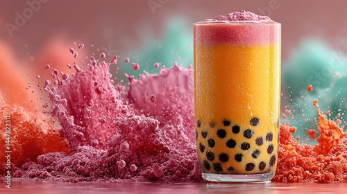 Refreshing layered bubble tea with vibrant colors and an artistic splash effect photo