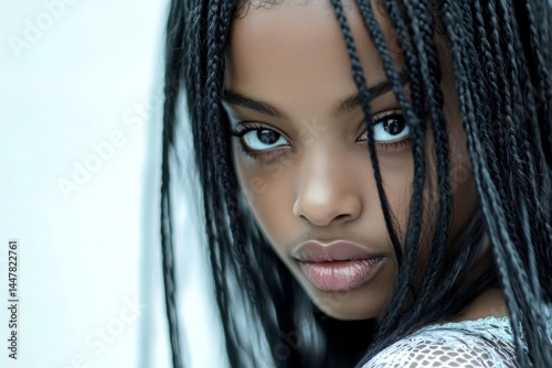 Obraz na płótnie Lovely calm black girl - for ads, flyer and social networks banner use. Long coiffure - braids hair. Commercial advertising layout. African beauty. Black hair photography. Fashion model. w salonie