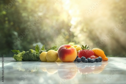 Assortment of fresh fruits and vegetables, including peaches, nectarines, strawberries, blueberries, broccoli, and lemons, arranged on a table in natural sunlight.