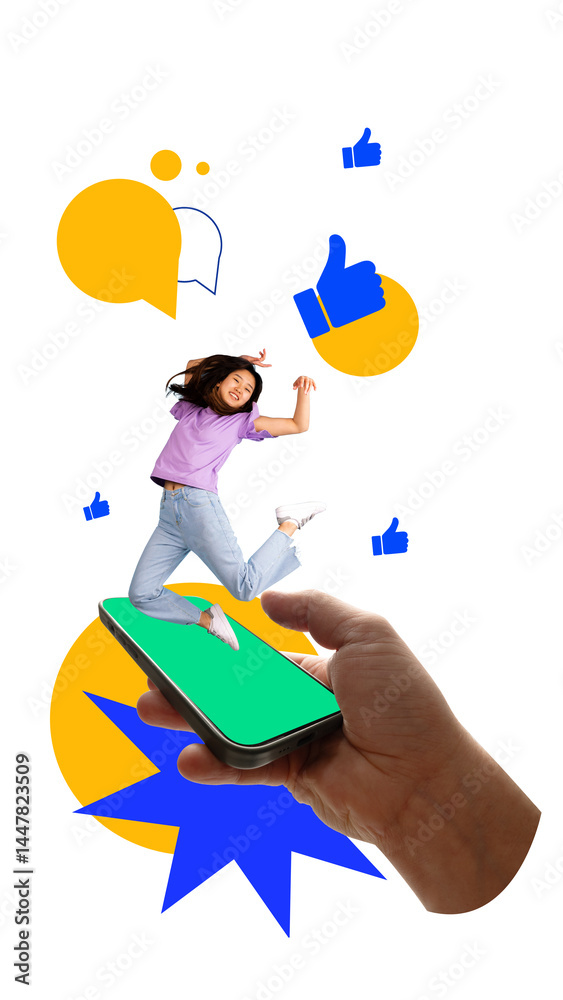 Smiling girl in purple shirt jumps out of phone surrounded by yellow speech bubbles and blue likes. Concept of testimonial, marketing, business. Contemporary art collage.
