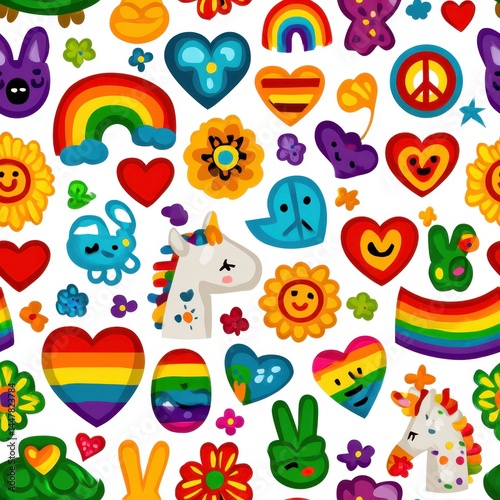 Pride minimalist pattern concept. Colorful illustrations of hearts, rainbows, and cheerful characters on a white background.