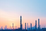 panoramic view of oil refinery at dawn framed by serene sky towering silhouettes of industrial structures against gentle