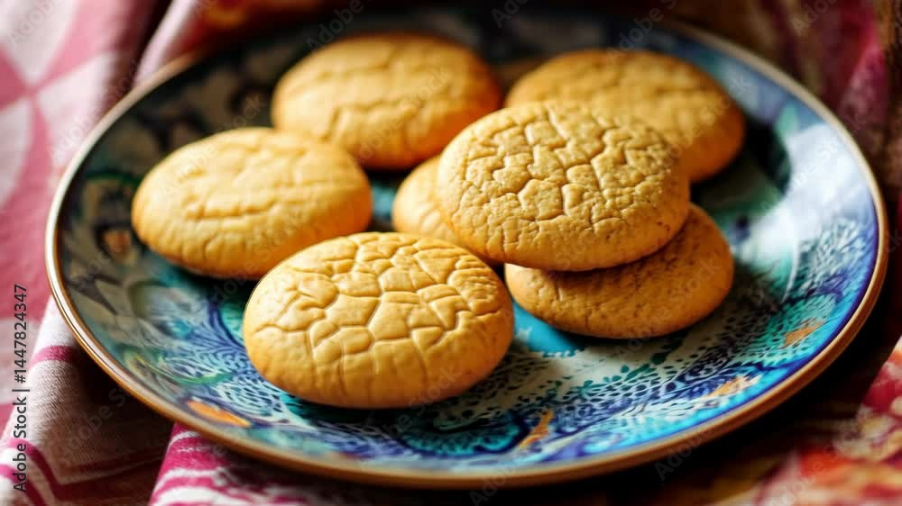 Freshly baked cookies arranged on decorative plate with colorful background
