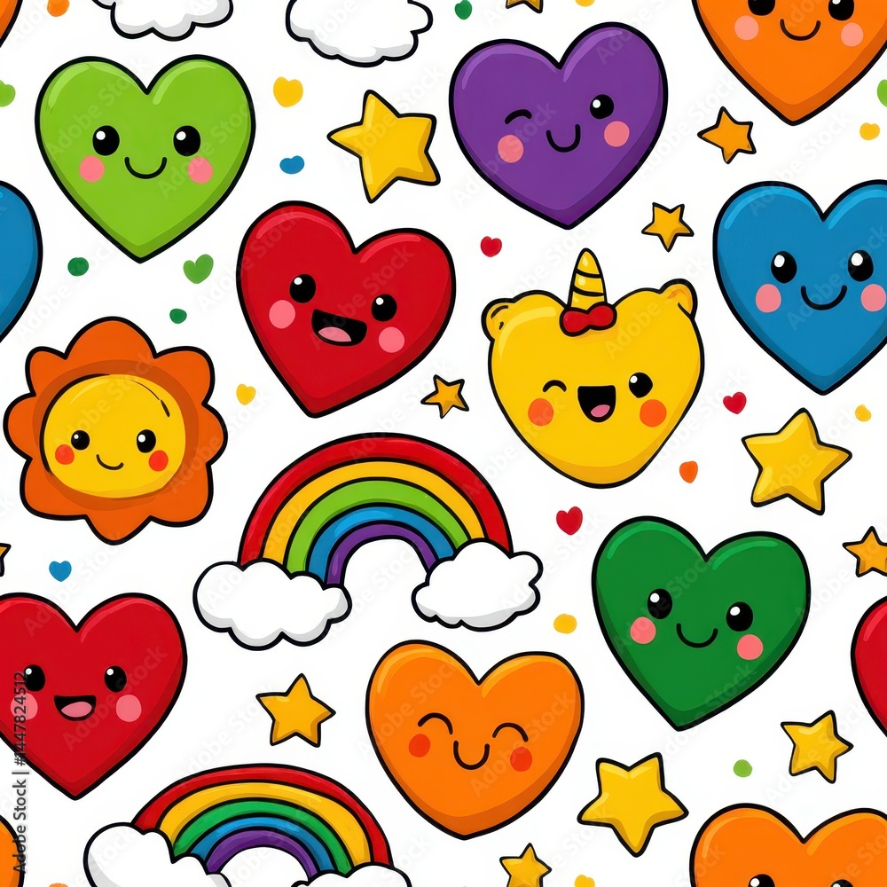 Fototapeta premium Pride minimalist pattern concept. Colorful pattern featuring smiling hearts, rainbows, and stars in a playful design.