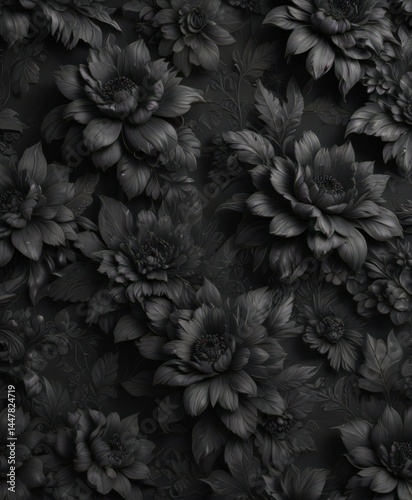 Intricate black charcoal floral wallpaper, luxurious textures , interior, subtle