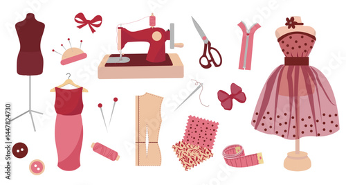 Sewing accessories vintage stickers in cartoon retro style. 