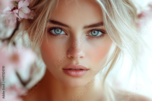 Gorgeous caucasian young woman surrounded by cherry blossoms. Spring mood, golden hour in sunset. Commercial promotion concept visual design. Woman in a spring garden for advertising.