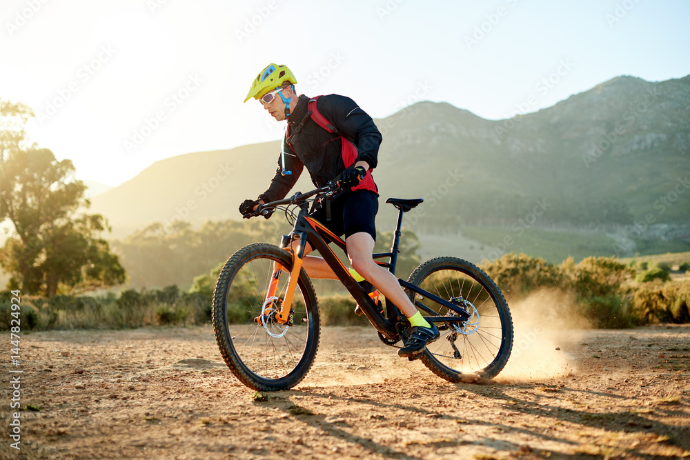 Mountain bike, training and man with fitness, nature and environment with journey. Person, adrenaline and cyclist with practice, traveling or countryside with adventure, hobby and extreme sports