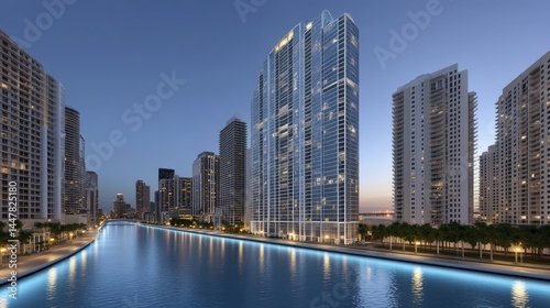 Luxury high-rise condos, Brickell, Miami skyline, palm trees, waterfront views - elegant clean high-rise architecture miami