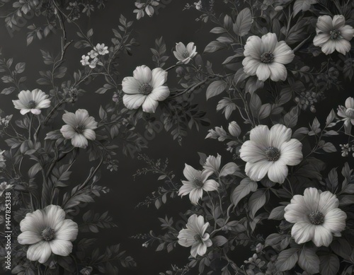 Intricate charcoal floral wallpaper, subtle blossoms & vines, sophisticated backdrop , home decor, dark, botanical