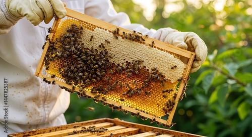 Beekeeper Inspecting Honeycomb Frame with Busy Bees
