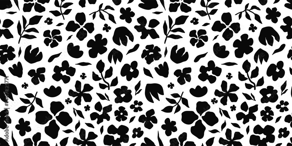 Seamless floral pattern with hand drawn black flowers and leaves on a white background. Modern botanical design, perfect for textiles, wallpaper, packaging, stationery, and trendy digital projects.